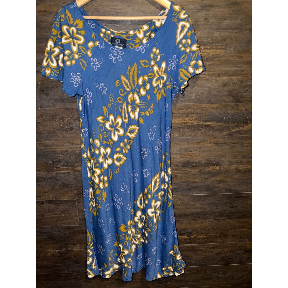 Mango Moon Blue Floral Rayon Midi Dress XL Tropical Hibiscus Short Sleeve Boho